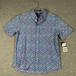 IZOD Shirt Boys 14-16 Blue Floral Short Sleeve Button Up Stretch Casual